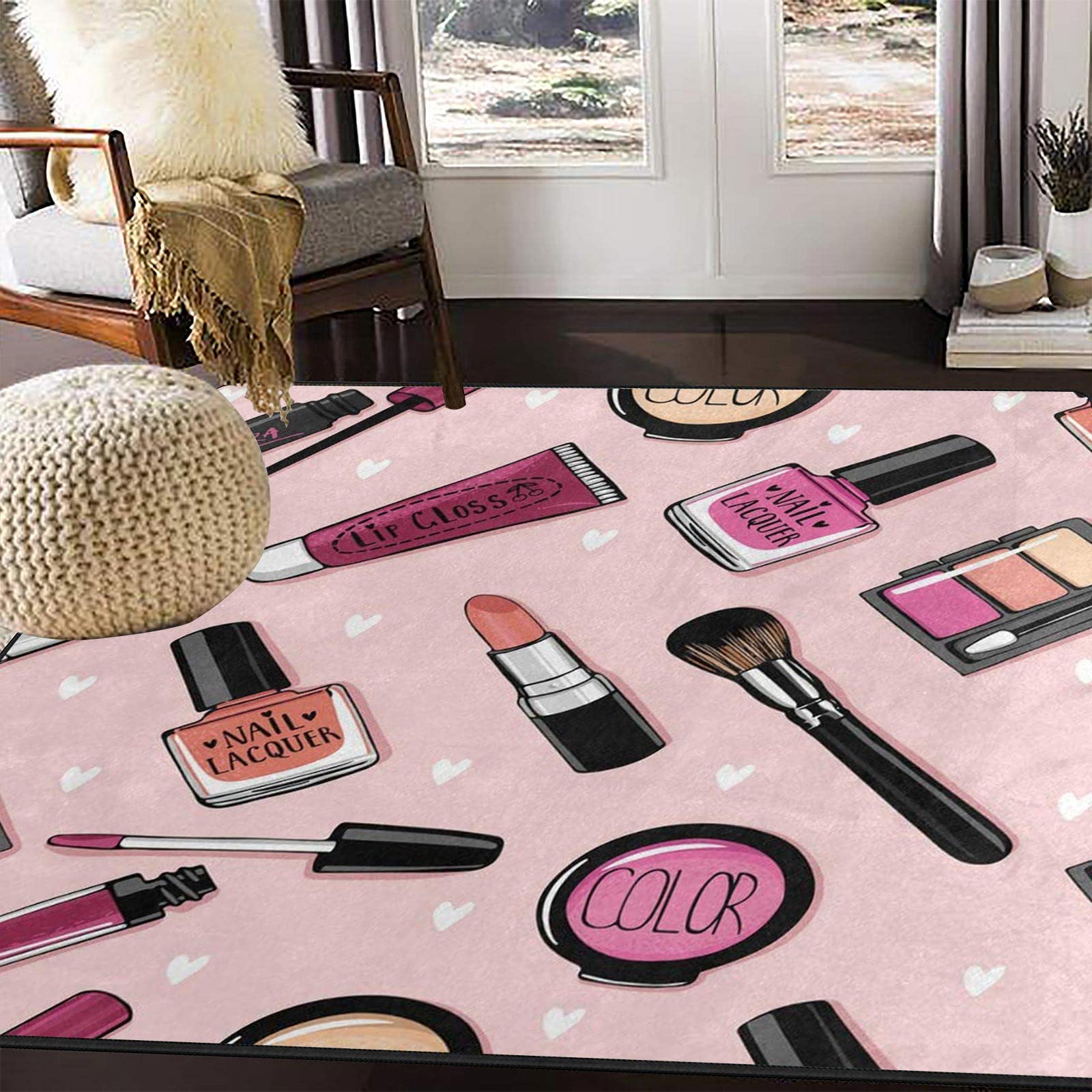 Oueoty Fashion Lipstick Love Heart Pink Area Rug 1.5x2.5ft/18x30in/45x75cm,Baby Play Mat for Living Dining Dorm Room Bedroom Home Decorative