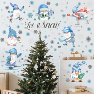 135 Pcs Snowy Winter Gnome Snowflake Wall Decals Christmas Wall Decals Snowflakes Wall Decal Silver and Blue Theme Christmas Snowflake Wall Stickers for Home Bedroom Kitchen Decor Gift(Snow Style)