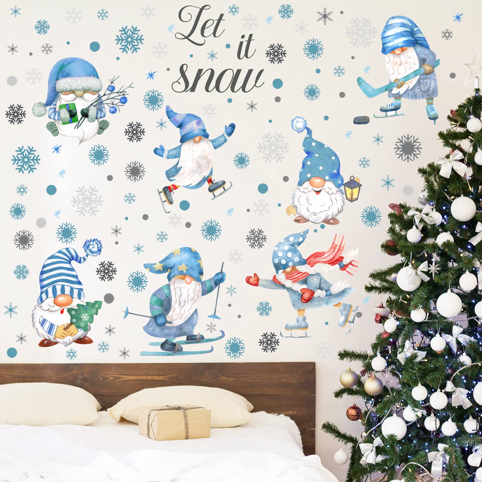 135 Pcs Snowy Winter Gnome Snowflake Wall Decals Christmas Wall Decals Snowflakes Wall Decal Silver and Blue Theme Christmas Snowflake Wall Stickers for Home Bedroom Kitchen Decor Gift(Snow Style)