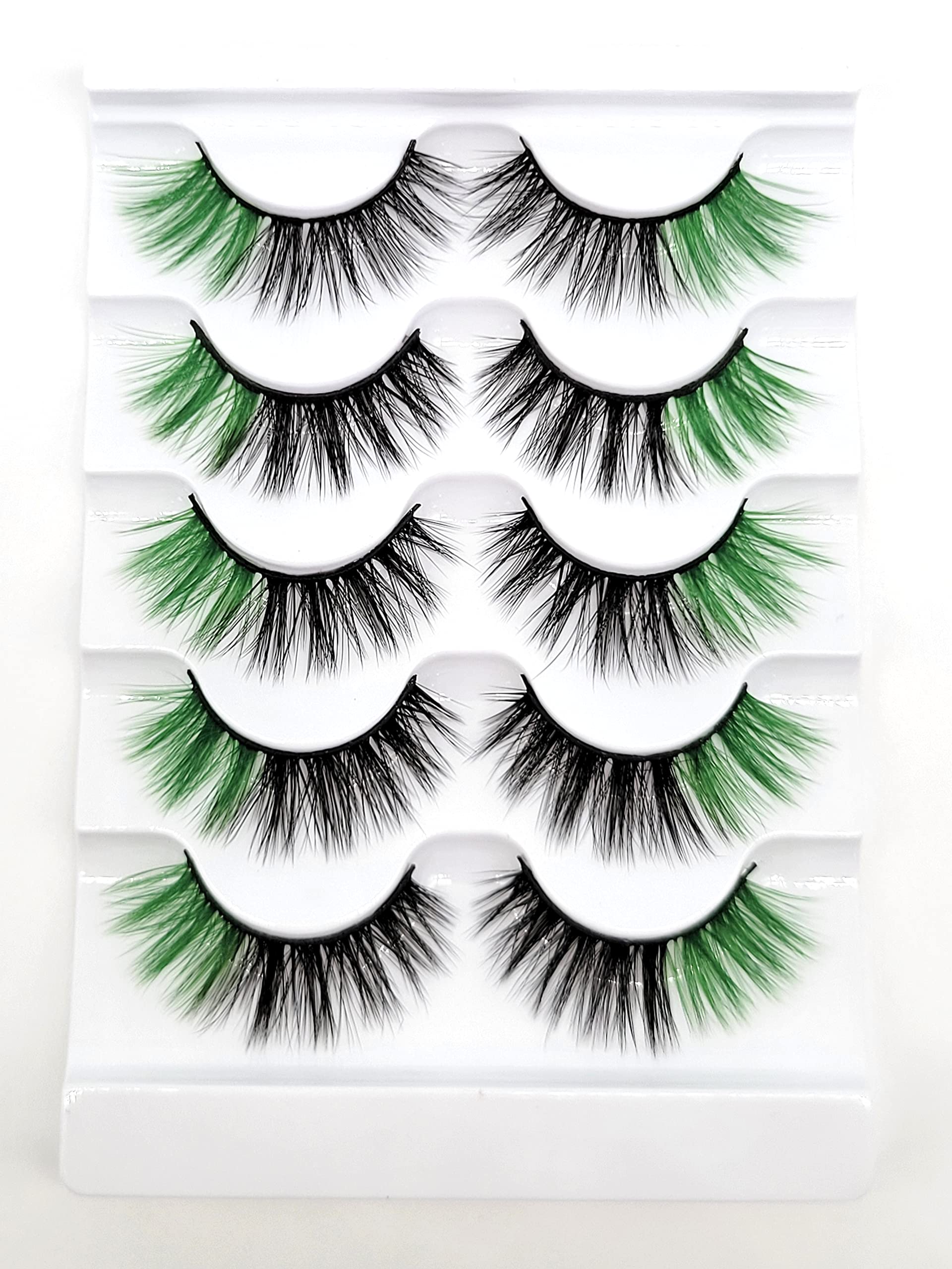 MISSLADY 16mm 5 Pairs Pack 3D Faux Mink Eyelashes with Green Ends Colored Lashes (FM-205, 8-16mm, Black with Green Ends, 5 Pairs)