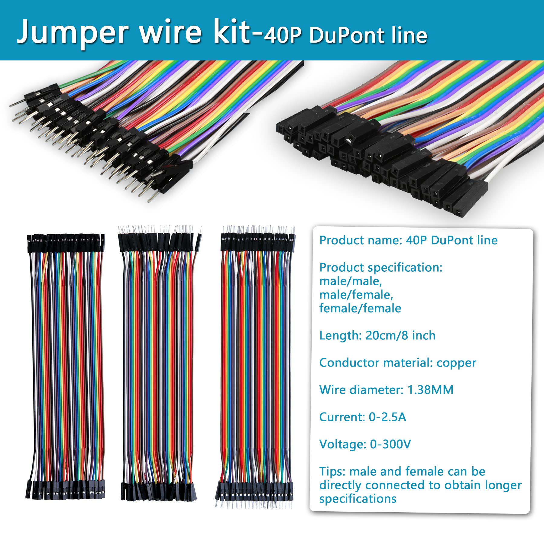 Minidodoca Breadboard Jumper Wires Kit 4pcs 400&830 Point Solderless Breadboards with Power Supply Module,140pcs 0.08"- 4.92" U-Shape,65pcs 4.7"-9.4",120pcs Length 8" M/M F/M F/F Dupont Jumper Wire