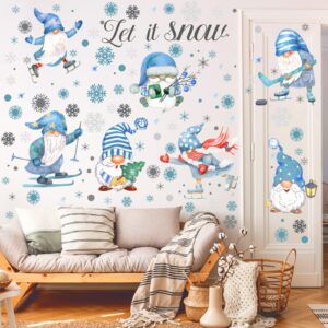 135 Pcs Snowy Winter Gnome Snowflake Wall Decals Christmas Wall Decals Snowflakes Wall Decal Silver and Blue Theme Christmas Snowflake Wall Stickers for Home Bedroom Kitchen Decor Gift(Snow Style)