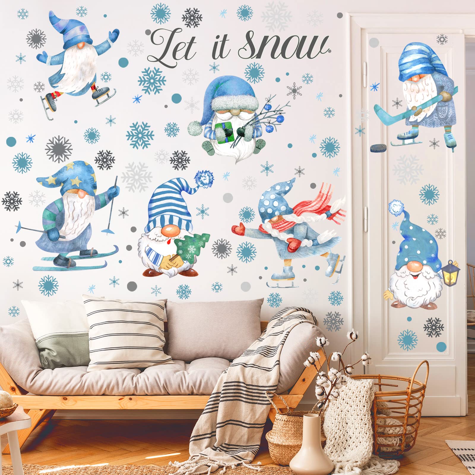 135 Pcs Snowy Winter Gnome Snowflake Wall Decals Christmas Wall Decals Snowflakes Wall Decal Silver and Blue Theme Christmas Snowflake Wall Stickers for Home Bedroom Kitchen Decor Gift(Snow Style)