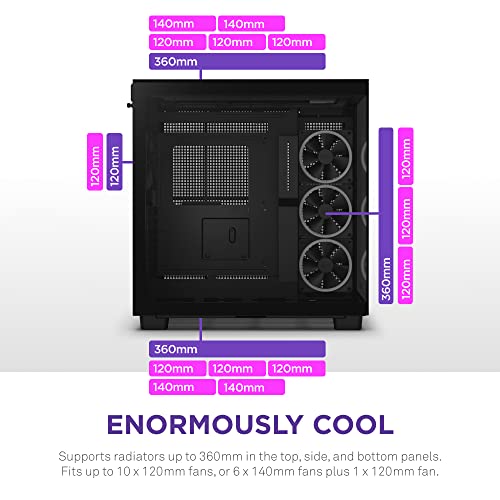 NZXT H9 Mid-Tower Gaming PC Case - 3 RGB Fans, Glass Panels, 360mm Radiator Support, Cable Management - Black