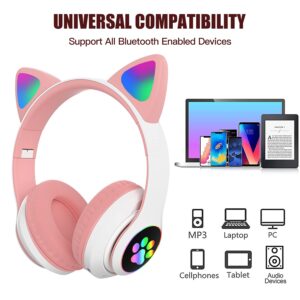 KERHAND Bluetooth Headphones for Kids, Cute Ear Cat Ear LED Light Up Foldable Headphones Stereo Over Ear with Microphone/TF Card Wireless Headphone for iPhone/iPad/Smartphone/Laptop/PC/TV (PIink)