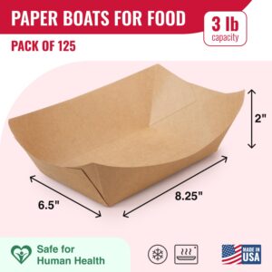 IDL Packaging 3 lb Kraft Paper Food Tray (Pack of 125) - Poly Coated for Extra Moisture Resistance - Recyclable - Serving Tray for Fries, Burgers, Appetizers and Side Dishes - Proudly Made in USA