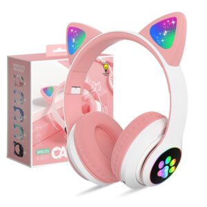 kerhand bluetooth headphones for kids, cute ear cat ear led light up foldable headphones stereo over ear with microphone/tf card wireless headphone for iphone/ipad/smartphone/laptop/pc/tv (piink)