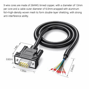 JUXINICE DB9 Male Connector RS232 Serial Extension Cable,D-SUB 9-Pin Male Adapter to Bare Wire, 9 Wire All Provided with Wiring Terminals-Black (DB9 Male 5FT)