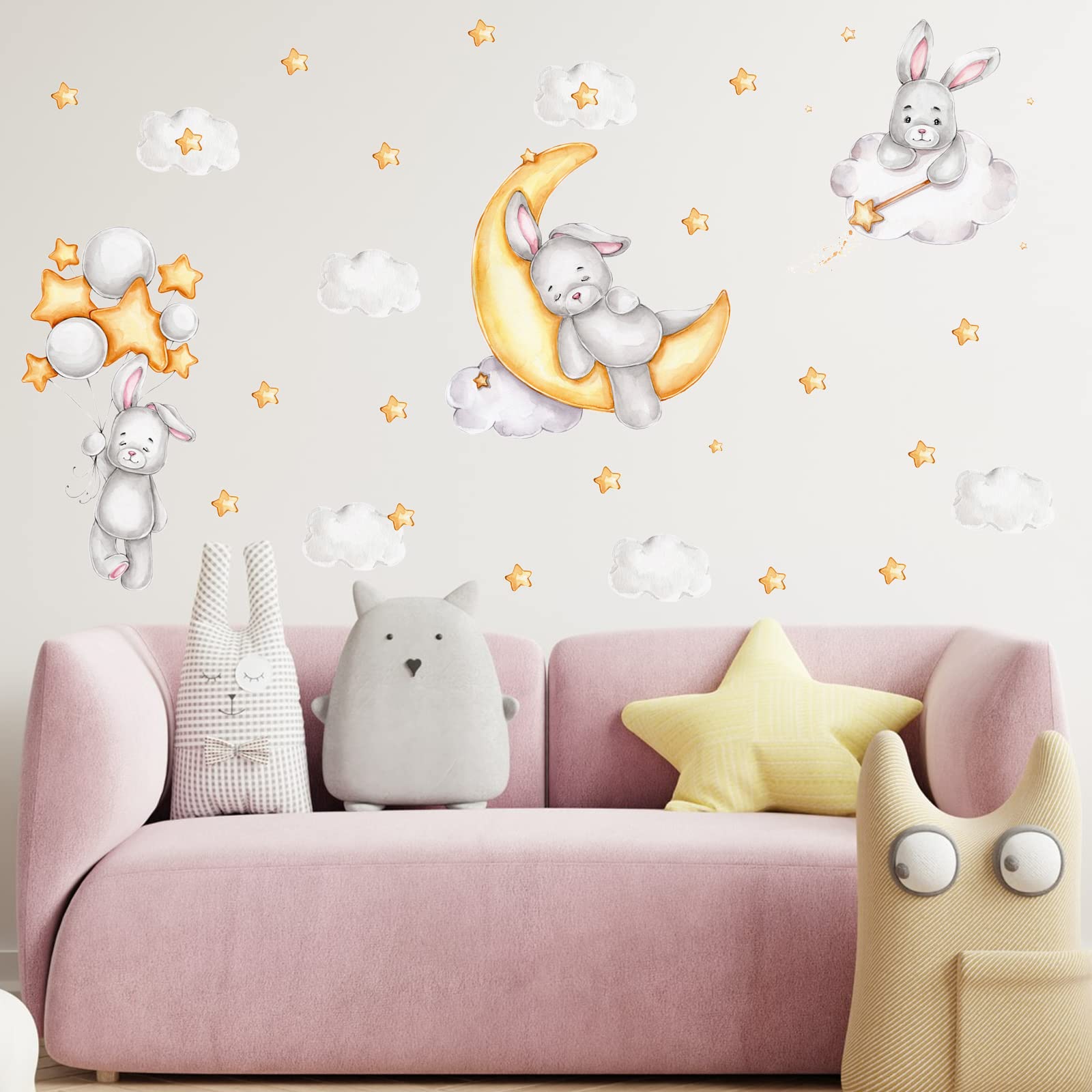 Laoyello Bunny Sleeping on The Moon Wall Stickers Rabbit Stickers Cloud Moon Wall Decal Baby Boy Girls Moon and Stars Nursery Wall Decor