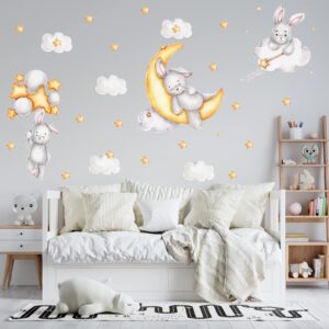 Laoyello Bunny Sleeping on The Moon Wall Stickers Rabbit Stickers Cloud Moon Wall Decal Baby Boy Girls Moon and Stars Nursery Wall Decor