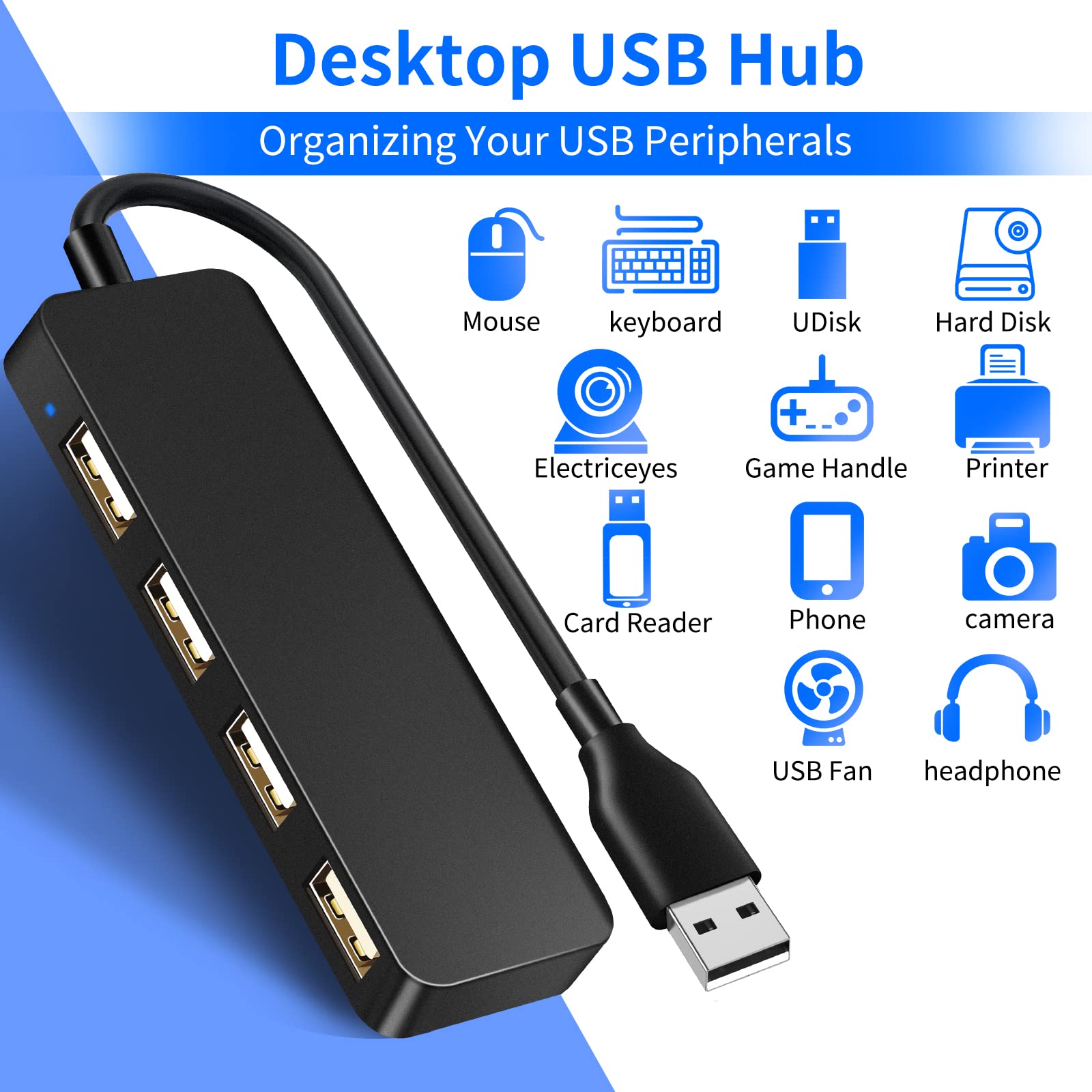 USB Hub,USB Splitter,USB 4-Port Extender Multiport USB Adapter 1 in 4 Out USB Expander for Charging/Data Sync Compatible with PC, Laptop, PS4, Mac Mini, MacBook, Surface Pro, More, USB2.0 Hub Under $5