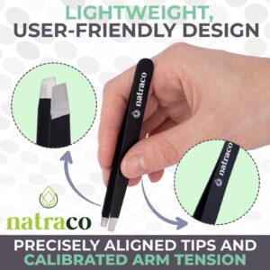 Natraco Tweezer Set - Slanted & Pointed Stainless Steel Professional Tweezers for Eyebrows - Sharp Precision for Facial Hair, Splinters, and Tick Remover – 4 Pack, Black