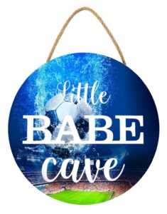 kpsheng little babe cave wooden sign,soccer door decor plaque, door hanger nursery decoration for boys, wood wall hanging wreath for toddler kids room bedroom playroom, 11 x 11 inch