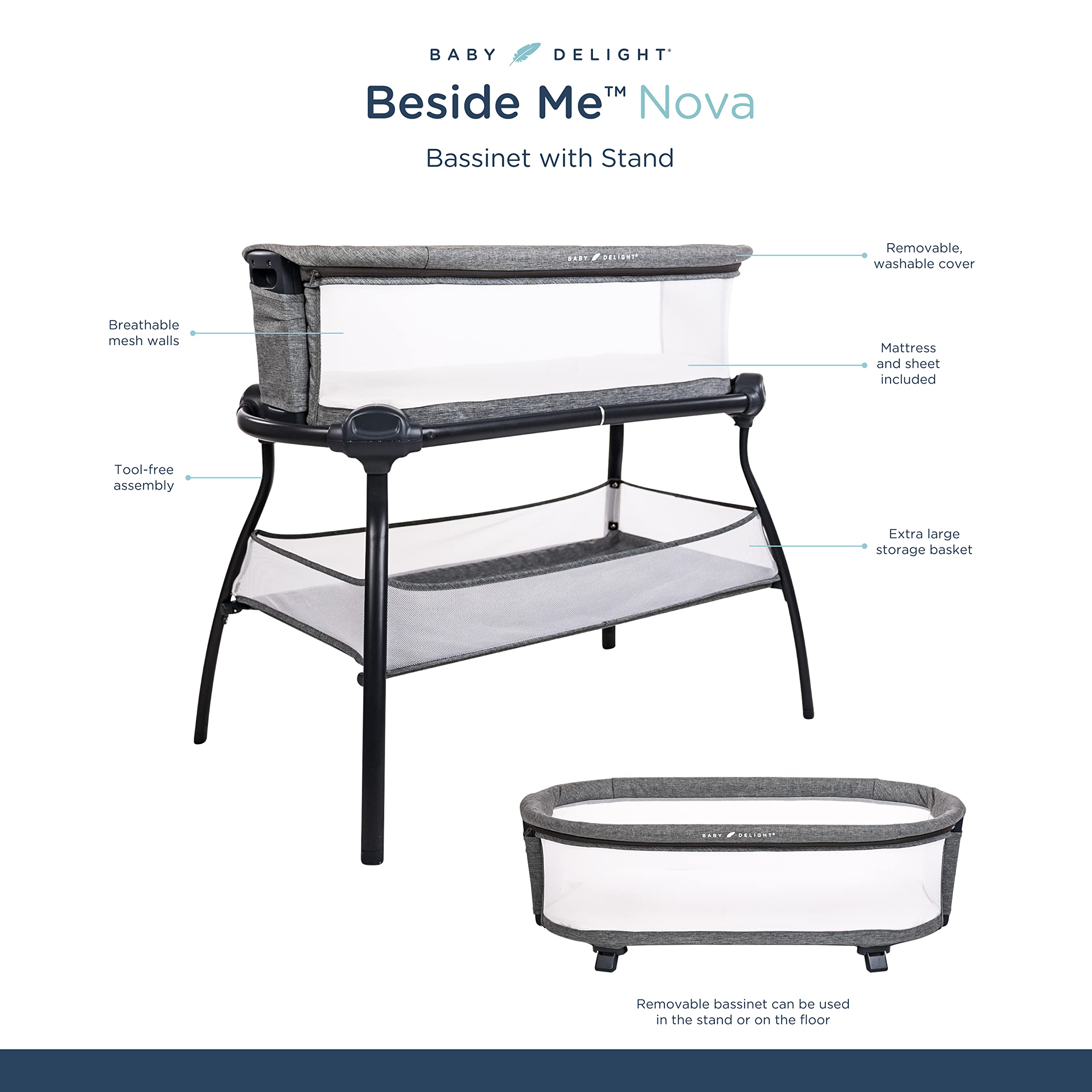 Baby Delight Beside Me Nova | Bedside Bassinet | Removable and Portable Bed | for Infants 0 – 5 Months | Charcoal Tweed