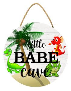 kpsheng dinosaur door decor plaque, little babe cave wooden sign door hanger nursery decoration for boys, wood wall hanging wreath for toddler kids room bedroom playroom, 12 x 12 inch