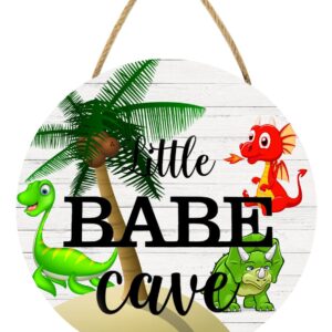 KPSheng Dinosaur Door Decor Plaque, Little Babe Cave Wooden Sign Door Hanger Nursery Decoration for Boys, Wood Wall Hanging Wreath for Toddler Kids Room Bedroom Playroom, 12 x 12 Inch