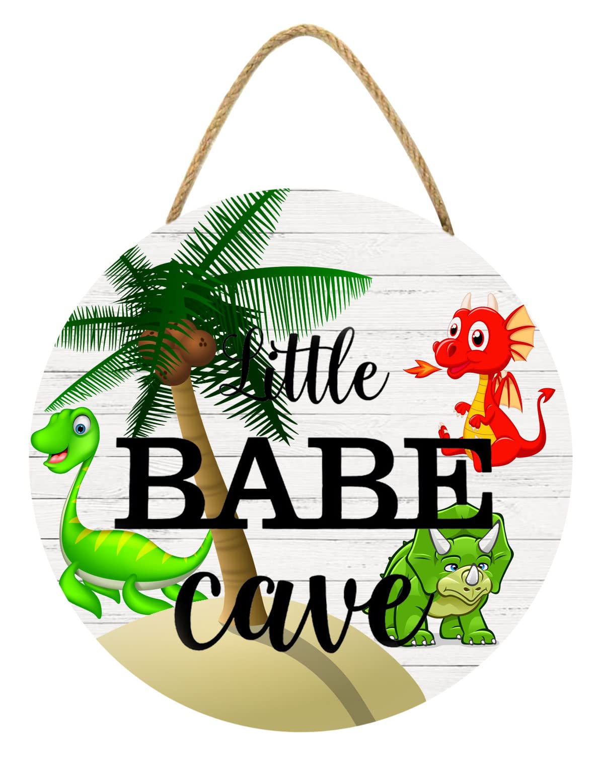 KPSheng Dinosaur Door Decor Plaque, Little Babe Cave Wooden Sign Door Hanger Nursery Decoration for Boys, Wood Wall Hanging Wreath for Toddler Kids Room Bedroom Playroom, 12 x 12 Inch