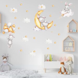 laoyello bunny sleeping on the moon wall stickers rabbit stickers cloud moon wall decal baby boy girls moon and stars nursery wall decor