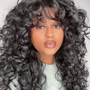 Annivia Curly Wig with Bangs for Black Women Black Kinky Long Curly Wig Synthetic Hair Daily Use Cosplay 17 Inch