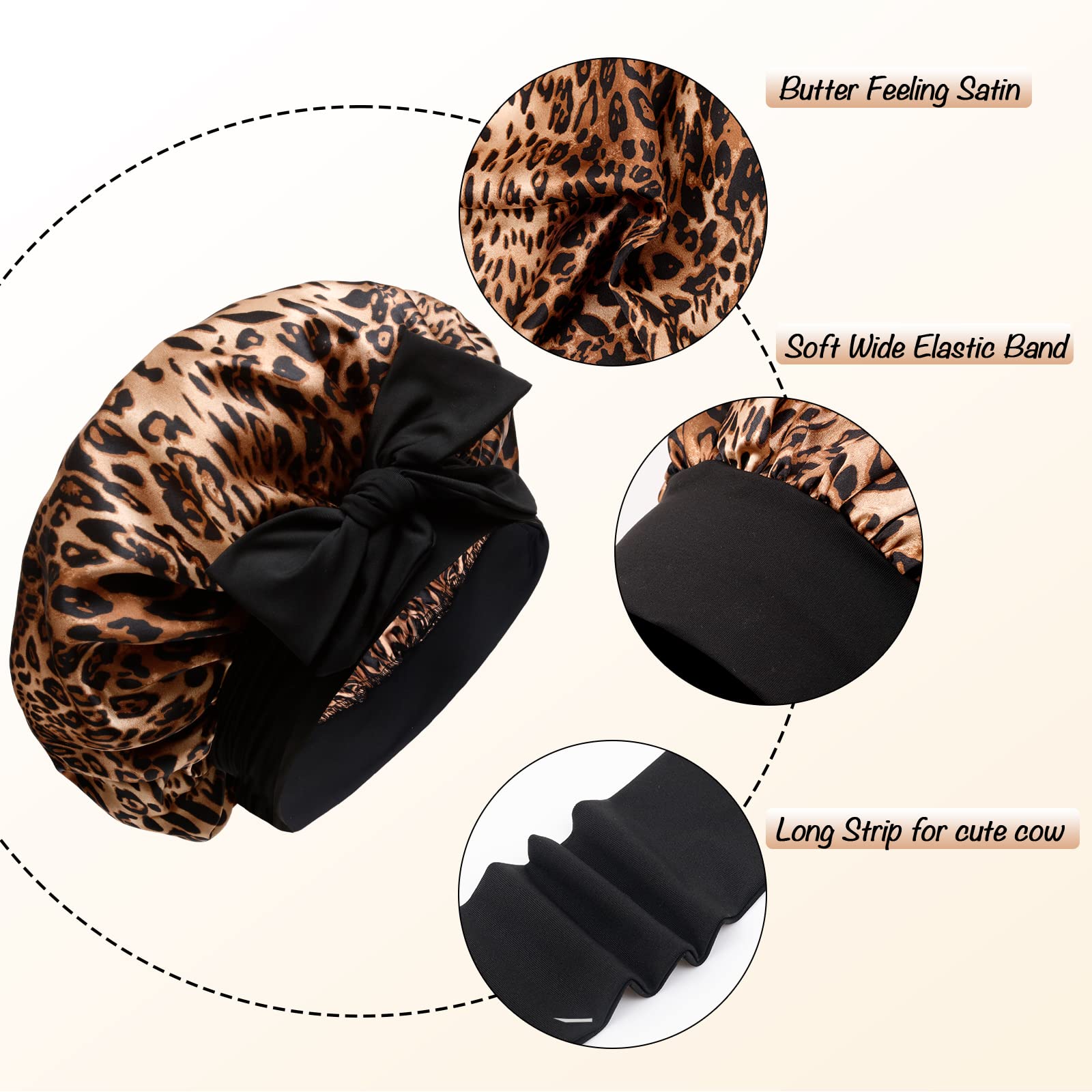 Silky Satin Hair Bonnet, Night Cap Hair Cover for Black Women Hair Care with Soft Strechy Tie Band - Jumbo Satin Sleep Cap(Leopard)