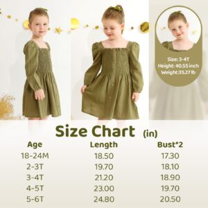 Happy Town Toddler Girl Fall Dress Long Sleeve Play Wear Dress Baby Solid Color Casual Clothes (Green, 3-4 T)