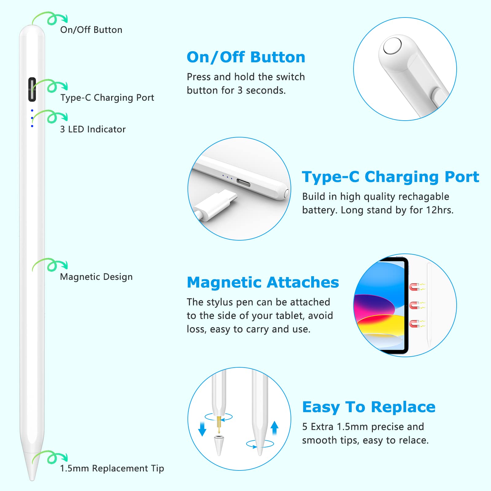 Stylus Pen for iPad 9th&10th, Apple Pencil 2nd Gen with Palm Rejection & Fast Charge, Ipad Pencil Compatible with Apple iPad 8th/7th/6th Gen, iPad Air 5/4/3 Gen,iPad Pro 11 & 12.9, iPad Mini 6/5