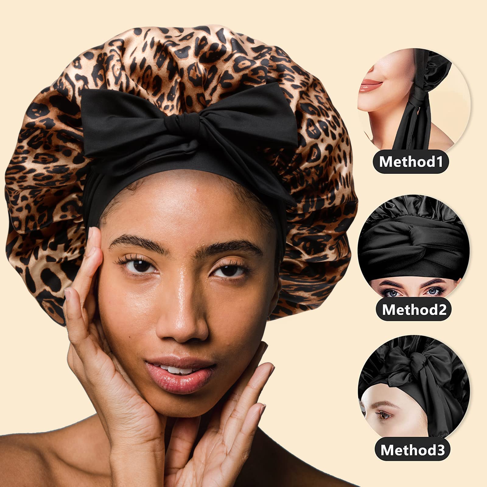 Silky Satin Hair Bonnet, Night Cap Hair Cover for Black Women Hair Care with Soft Strechy Tie Band - Jumbo Satin Sleep Cap(Leopard)