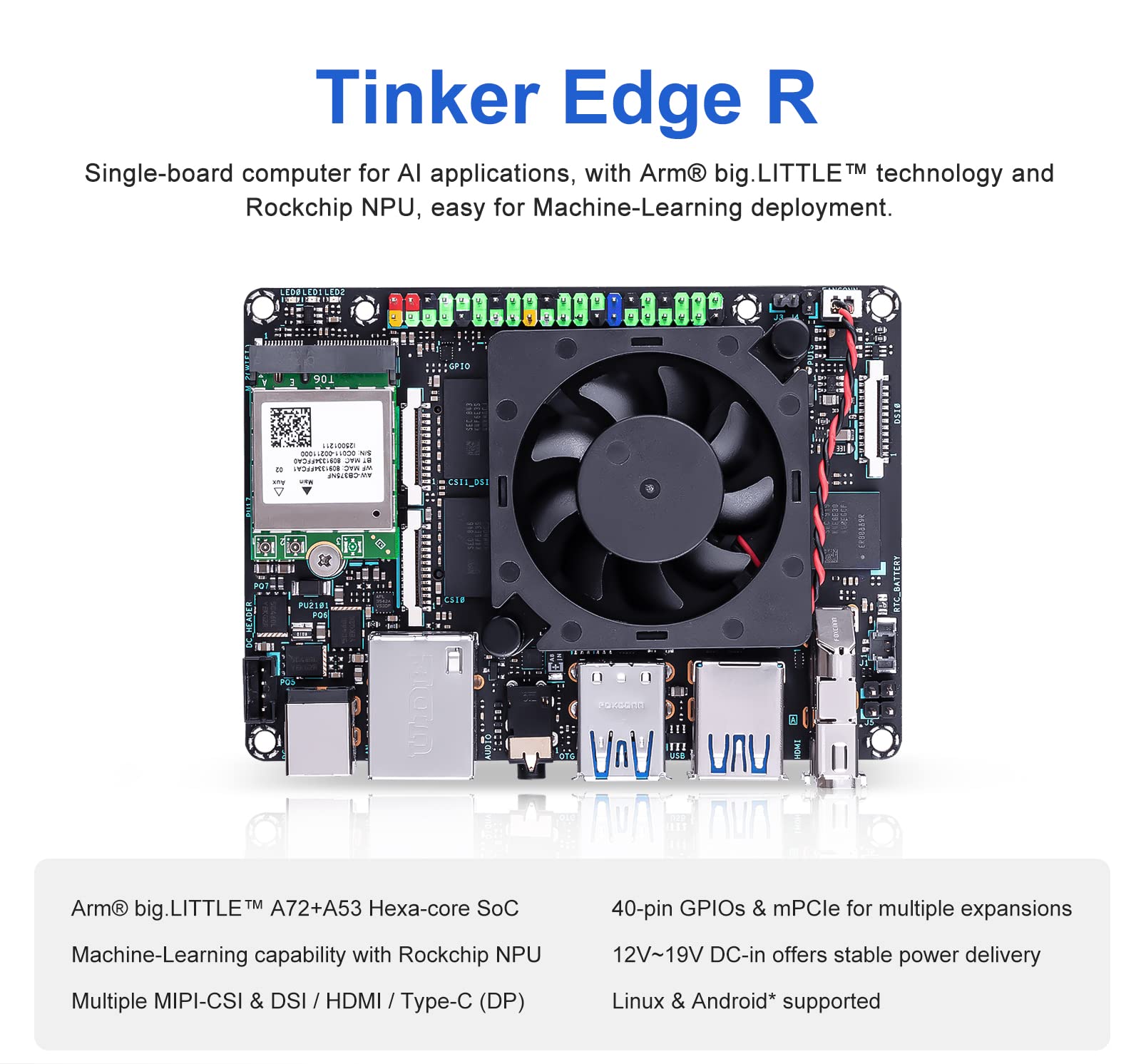 Tinker Edge R RK3399Pro Single Board Computer with 3 Tops NPU Ideal for Edge AI Computing andML Object Detection (6GB+16GB eMMC Version)