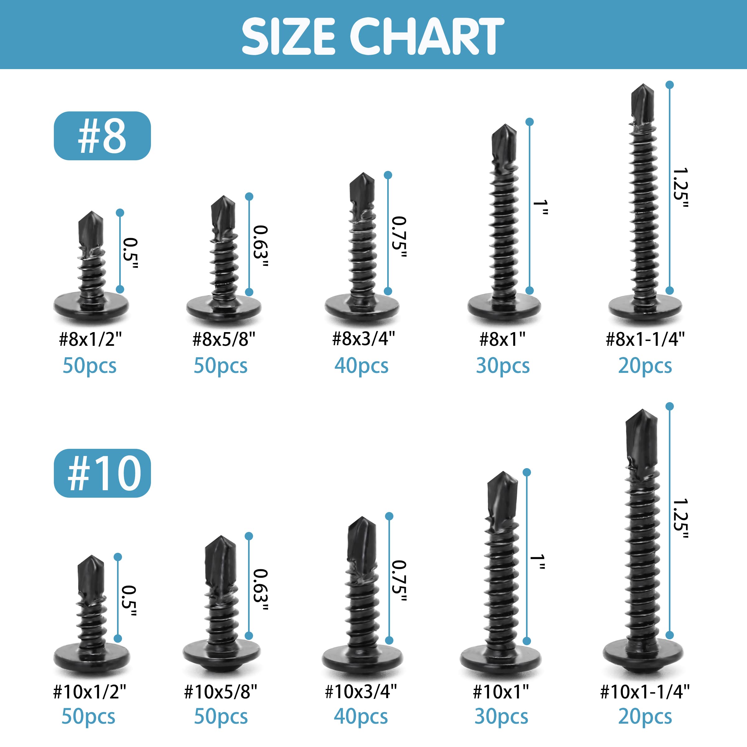 410 Stainless Steel #8#10 Self Tapping Screws for Metal, 380 PCS Self Drilling Screws Assortment Kit, Black Oxide, Modified Truss Head Self Tapping Sheet Metal TEK Screws, Length 1/2" to 1-1/4''