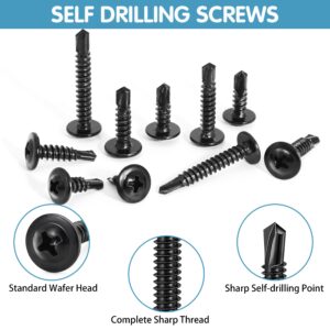 410 Stainless Steel #8#10 Self Tapping Screws for Metal, 380 PCS Self Drilling Screws Assortment Kit, Black Oxide, Modified Truss Head Self Tapping Sheet Metal TEK Screws, Length 1/2" to 1-1/4''