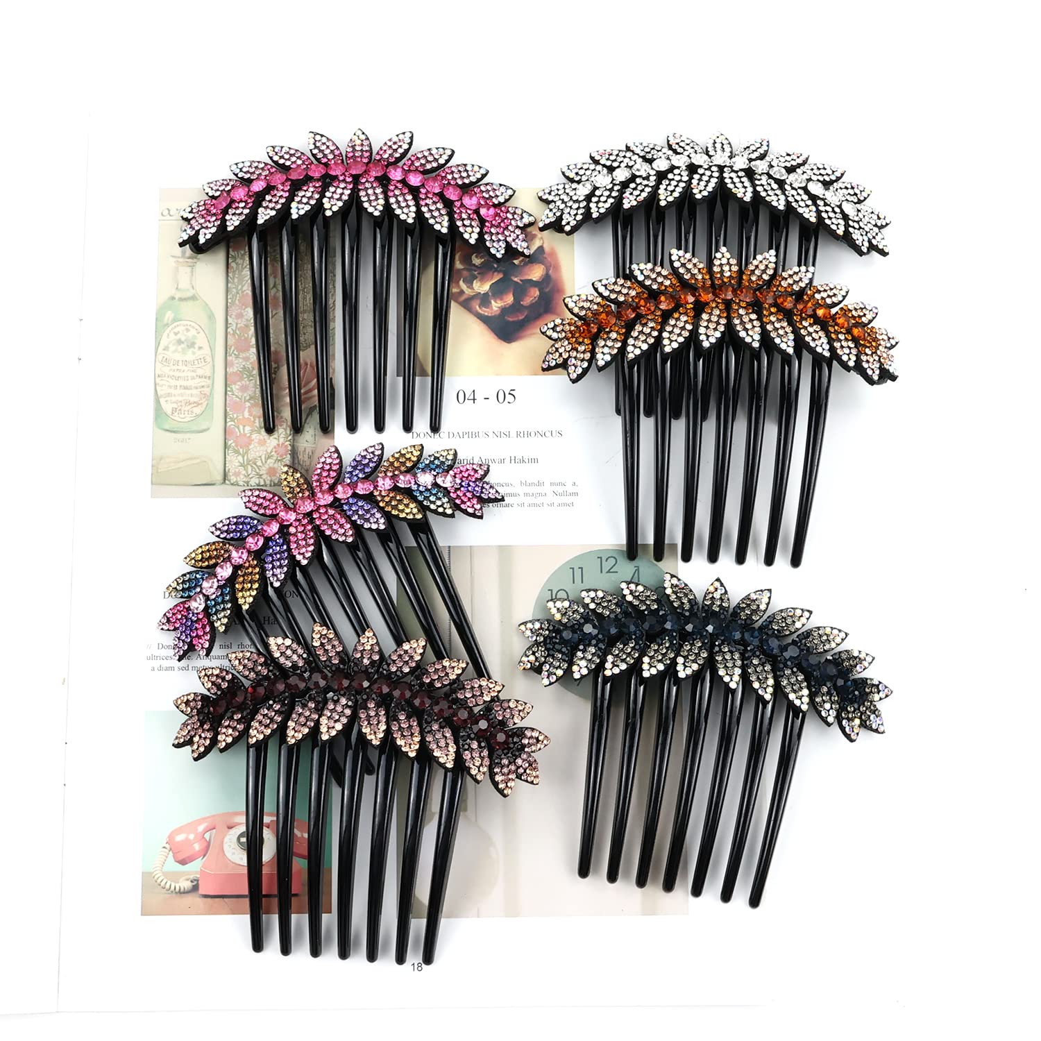 inSowni 6 Pack Luxury Glitter Sparkly Gems Rhinestones Crystals leaf Black Plastic Decorative Hair Side Combs French Twist Slides with Long Teeth Hair Bun Updo Accessories Hairpins Barrettes Clips for