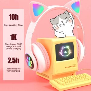 KERHAND Bluetooth Headphones for Kids, Cute Ear Cat Ear LED Light Up Foldable Headphones Stereo Over Ear with Microphone/TF Card Wireless Headphone for iPhone/iPad/Smartphone/Laptop/PC/TV (PIink)