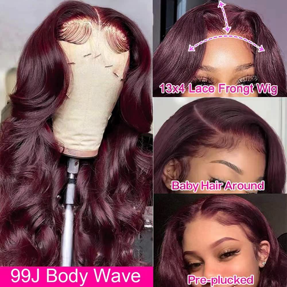 HENGROSE 13x4 99J Burgundy Body Wave Lace Front Wigs Human Hair 180% Density Wine Red Color Wigs for Women HD Transparent Lace Front Wigs Glueless Human Hair Pre Plucked with Baby Hair (20inch)