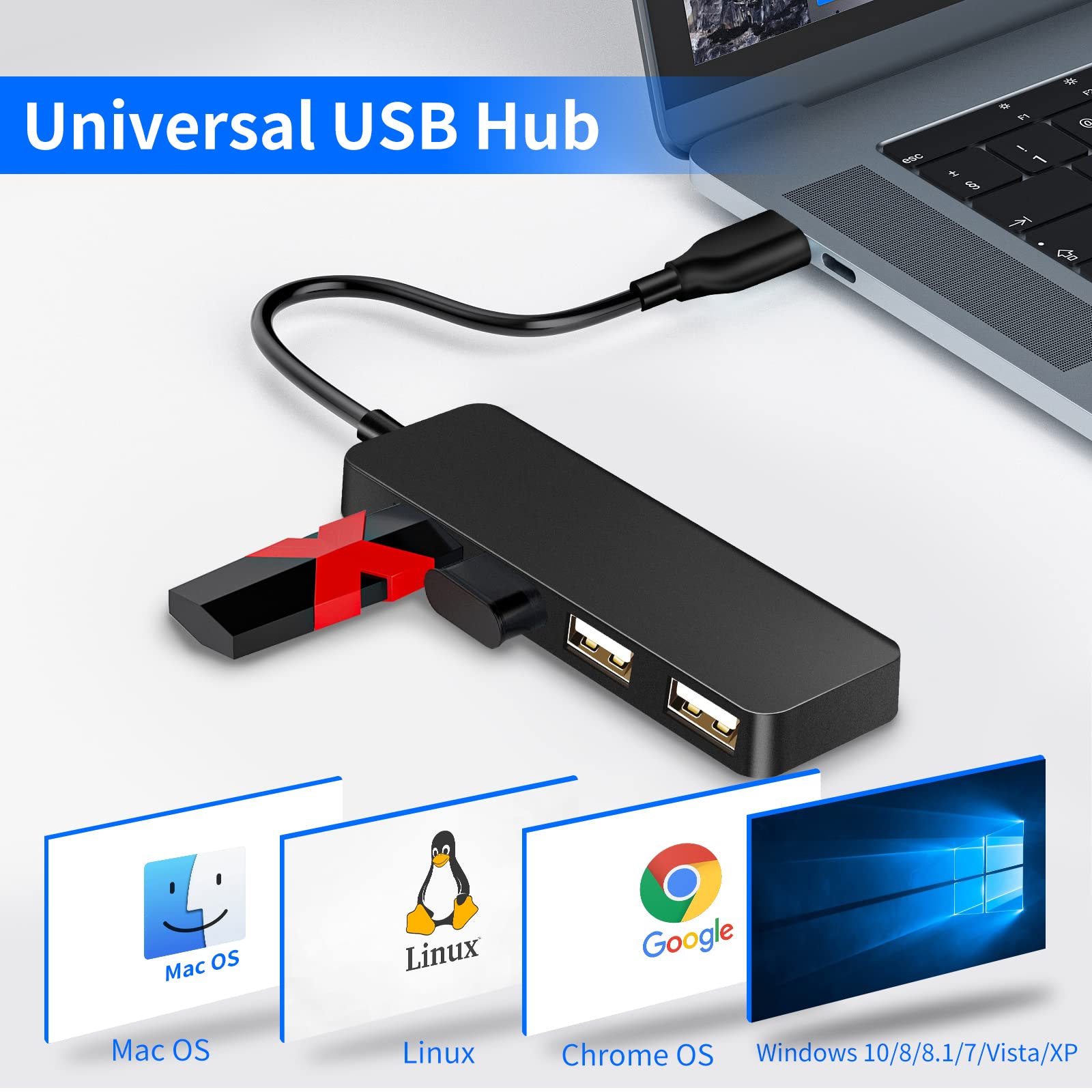 USB Hub,USB Splitter,USB 4-Port Extender Multiport USB Adapter 1 in 4 Out USB Expander for Charging/Data Sync Compatible with PC, Laptop, PS4, Mac Mini, MacBook, Surface Pro, More, USB2.0 Hub Under $5