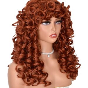 ANNISOUL Copper Curly Wigs for Black Women Long Curly Afro Wig with Bangs for Women Big Bouncy Fluffy Synthetic Fiber Glueless Hair for Cosplay and Daily