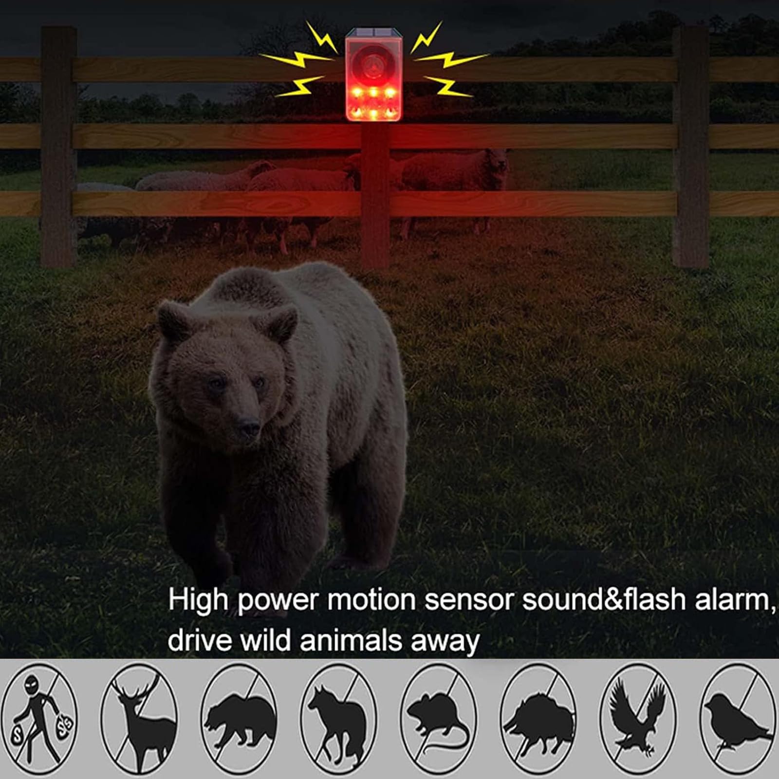 Solar Motion Detector Alarm Light,WONFAST 130db Sound Warning Security Strobe Siren Light,Gunshot Dog Barking Sound & Recording 20s Custom Message for Farm Villa Barn Yard Chicken Coop (1PCS)