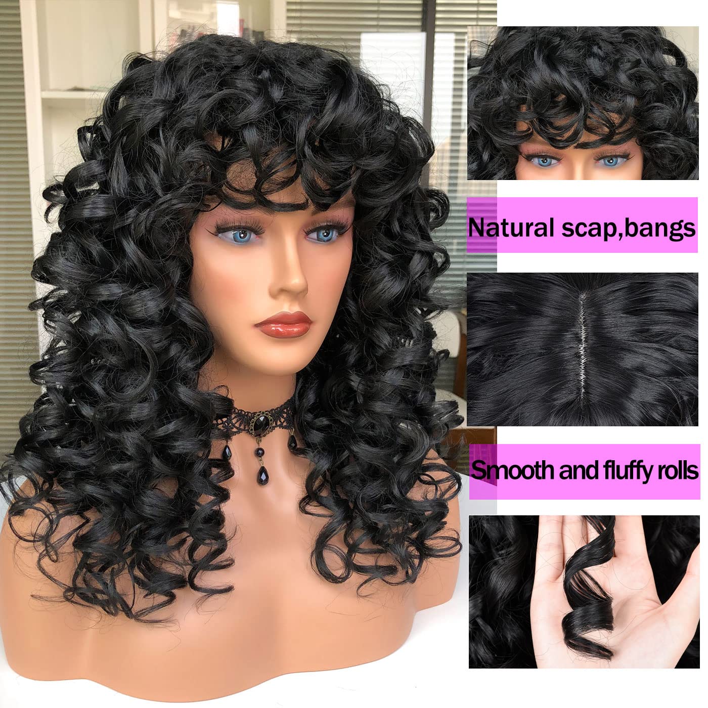 Annivia Curly Wig with Bangs for Black Women Black Kinky Long Curly Wig Synthetic Hair Daily Use Cosplay 17 Inch