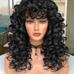 Annivia Curly Wig with Bangs for Black Women Black Kinky Long Curly Wig Synthetic Hair Daily Use Cosplay 17 Inch