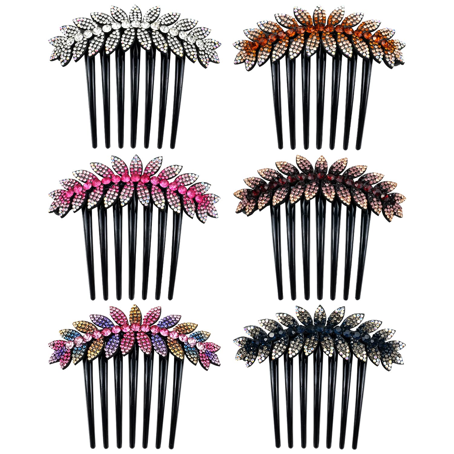 inSowni 6 Pack Luxury Glitter Sparkly Gems Rhinestones Crystals leaf Black Plastic Decorative Hair Side Combs French Twist Slides with Long Teeth Hair Bun Updo Accessories Hairpins Barrettes Clips for