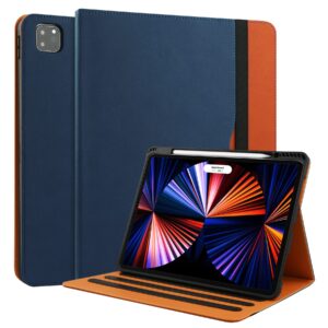 for ipad air 5th generation case 2022/ 4th generation 2020 10.9 inch with pencil holder, folio stand leather cover with multiple angles & auto sleep/wake for ipad air 5/4 case, navyblue/brown