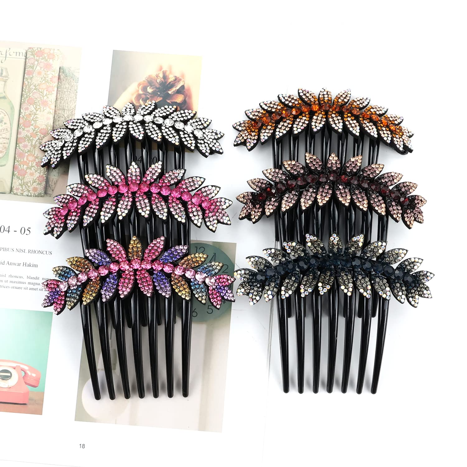 inSowni 6 Pack Luxury Glitter Sparkly Gems Rhinestones Crystals leaf Black Plastic Decorative Hair Side Combs French Twist Slides with Long Teeth Hair Bun Updo Accessories Hairpins Barrettes Clips for