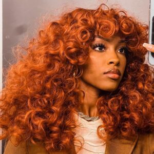 ANNISOUL Copper Curly Wigs for Black Women Long Curly Afro Wig with Bangs for Women Big Bouncy Fluffy Synthetic Fiber Glueless Hair for Cosplay and Daily