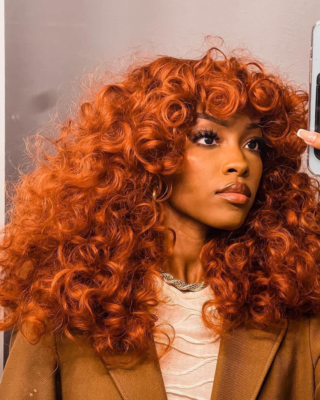 ANNISOUL Copper Curly Wigs for Black Women Long Curly Afro Wig with Bangs for Women Big Bouncy Fluffy Synthetic Fiber Glueless Hair for Cosplay and Daily