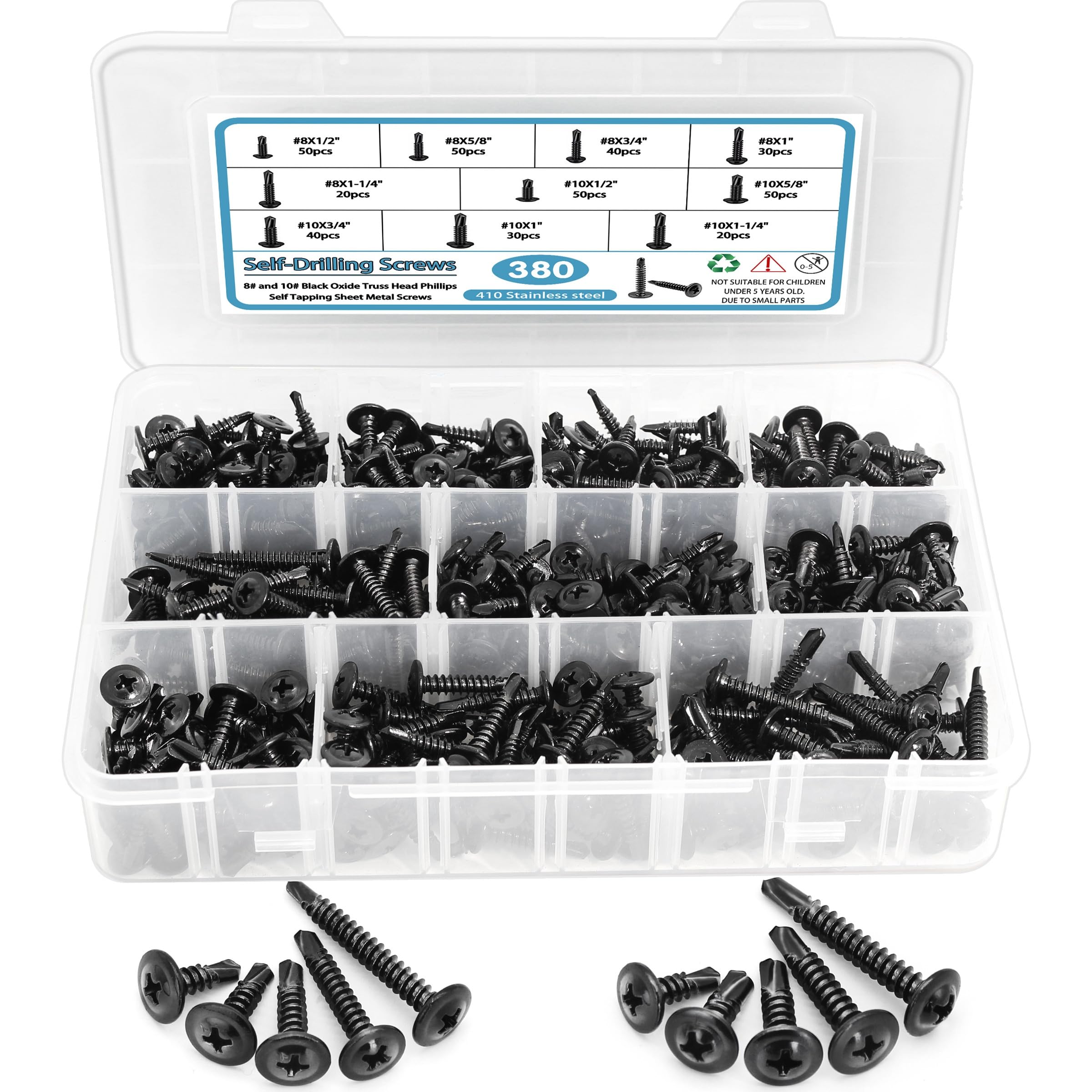 410 Stainless Steel #8#10 Self Tapping Screws for Metal, 380 PCS Self Drilling Screws Assortment Kit, Black Oxide, Modified Truss Head Self Tapping Sheet Metal TEK Screws, Length 1/2" to 1-1/4''