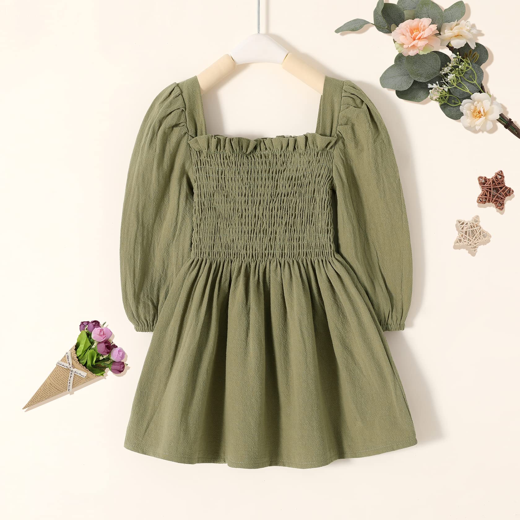 Happy Town Toddler Girl Fall Dress Long Sleeve Play Wear Dress Baby Solid Color Casual Clothes (Green, 3-4 T)