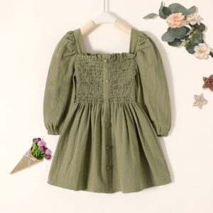 Happy Town Toddler Girl Fall Dress Long Sleeve Play Wear Dress Baby Solid Color Casual Clothes (Green, 3-4 T)