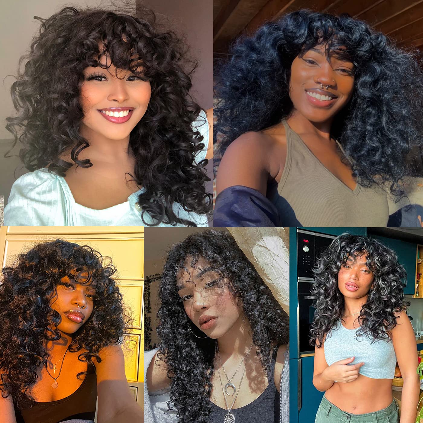 Annivia Curly Wig with Bangs for Black Women Black Kinky Long Curly Wig Synthetic Hair Daily Use Cosplay 17 Inch