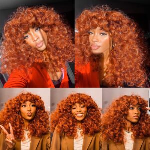 ANNISOUL Copper Curly Wigs for Black Women Long Curly Afro Wig with Bangs for Women Big Bouncy Fluffy Synthetic Fiber Glueless Hair for Cosplay and Daily