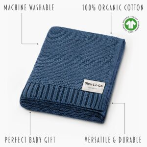 Bleu La La Organic Cotton Knit Receiving Swaddle Blanket for Boys - 100% Organic Soft Luxury Cotton Warm Cuddle Stroller Swaddling Crib Blanket for Newborns Infants Toddler (0-2Yrs - Denim Blue)