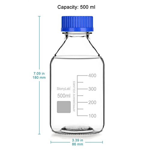 stonylab Graduated Storage Bottles with GL45 Screw Cap, 500 ml Borosilicate Glass Clear Round Lab Reagent Media Storage Bottles with Blue Screw Cap, 1 Pack